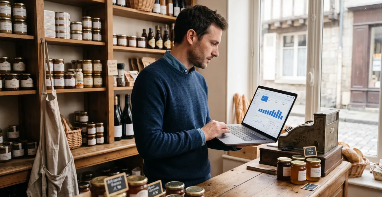 Un commerçant debout derrière le comptoir de sa boutique consulte un tableau de bord de visibilité sur son ordinateur portable.