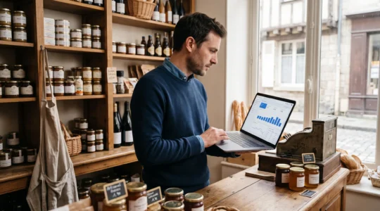 Un commerçant debout derrière le comptoir de sa boutique consulte un tableau de bord de visibilité sur son ordinateur portable.