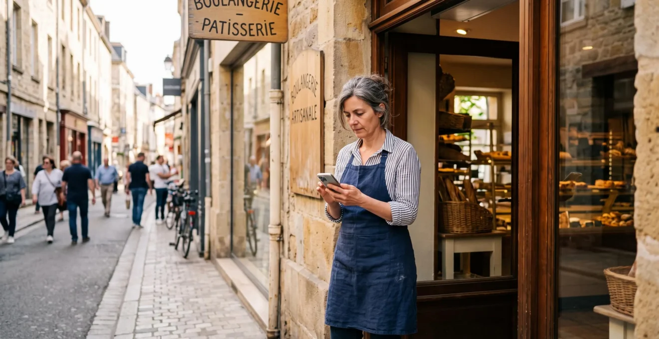 Une boulangère debout à l'entrée de sa boutique vérifie des informations sur son smartphone, rue commerciale en arrière-plan.