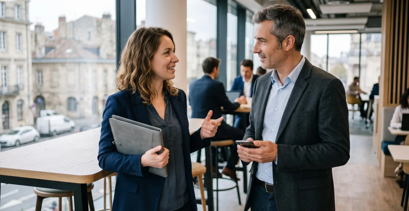 Deux professionnels en discussion debout dans un espace de travail bordelais, un consultant SEO et un journaliste local en situation de networking