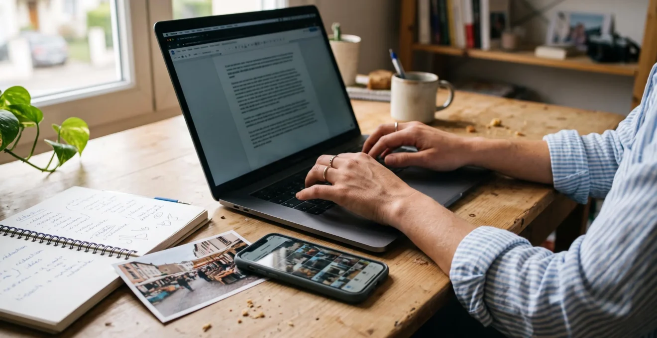 Gros plan sur les mains d'une rédactrice tapant un article sur un ordinateur portable, avec un carnet de notes et un smartphone posés à côté.