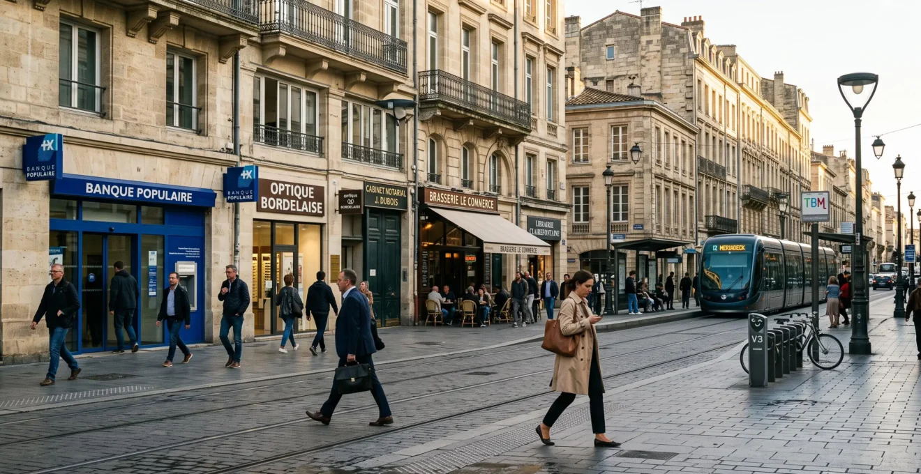 Rue commerçante professionnelle d'un quartier d'affaires bordelais avec architecture girondine et activité urbaine naturelle