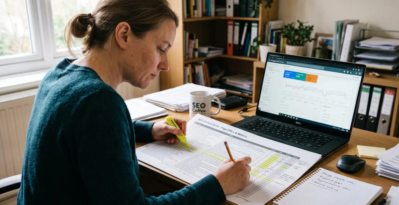 Une analyste web relit un tableau imprimé d'adresses de pages et annote certaines lignes au surligneur en comparant avec son ordinateur.